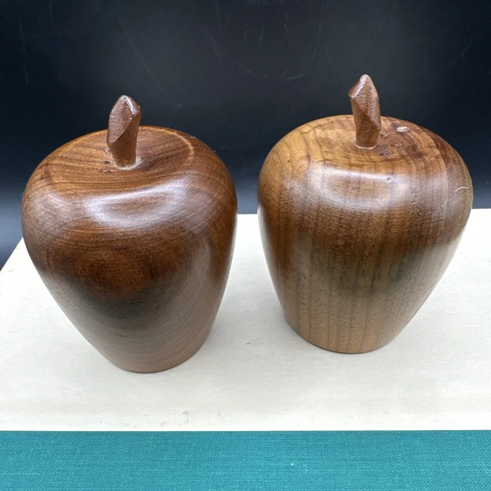 Salt & Pepper Shakers Set Carved Apple Wood w Cork‎ Stoppers Vintage 60s MCM